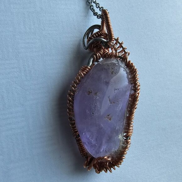 Natural Amethyst Gemstone Copper Wire Wrapped Pendant Necklace, Artisan Boho - Picture 5 of 5